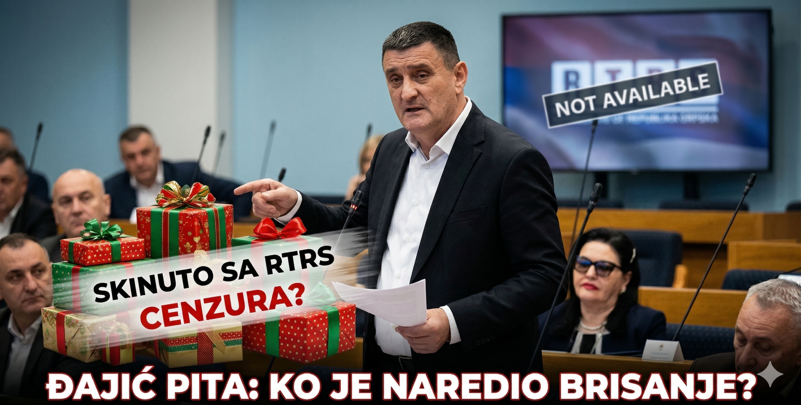 Vlado Đajić u skupštini govori o cenzuri na RTRS-u, sa grafičkim prikazom izbrisanih humanitarnih paketića dijaspore.