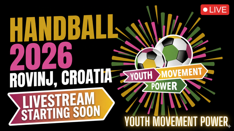 Službeni logotip Youth Movement Power 2026 rukometnog turnira na crnoj pozadini s loptama u bojama turnira i "LIVE" oznakom.