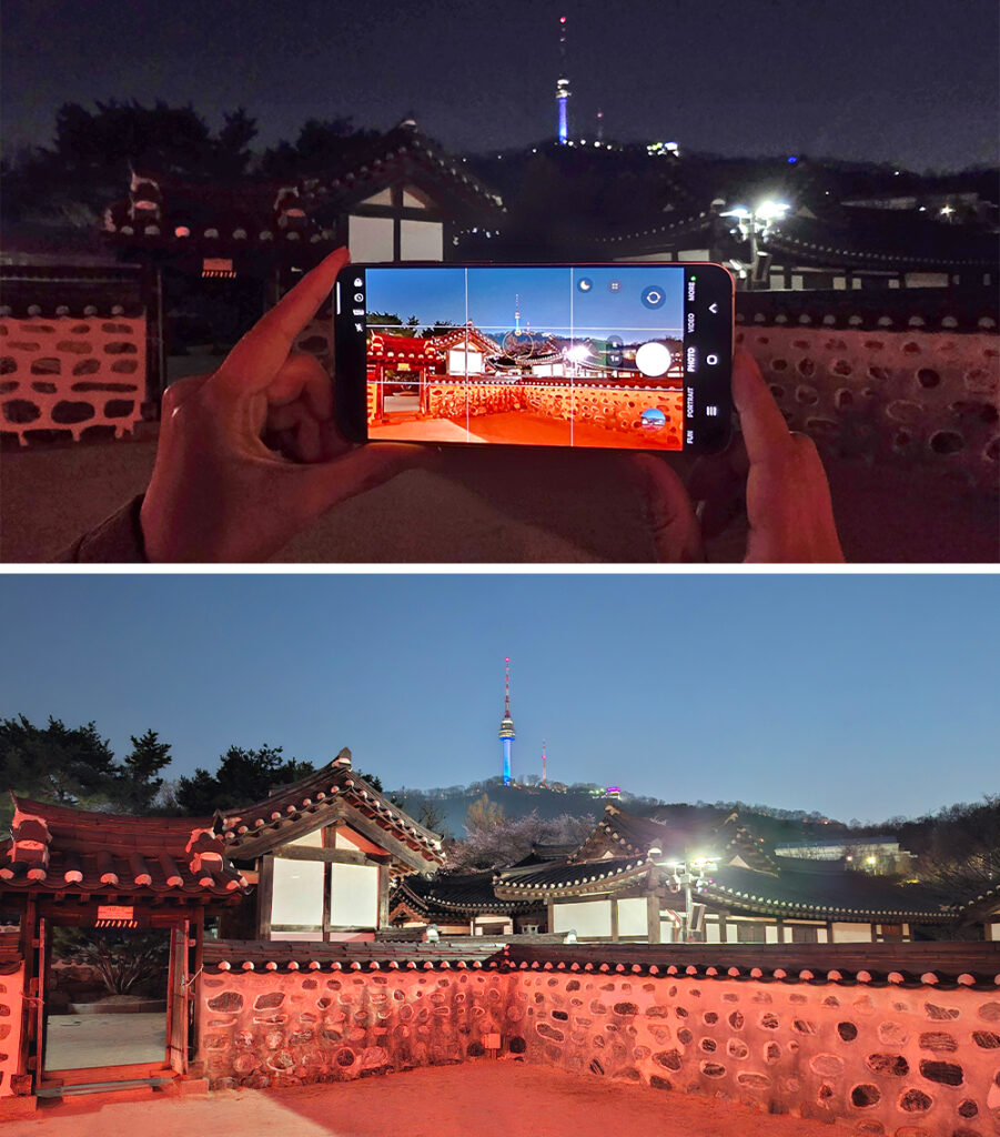Night scene in Seoul with Nightography on Galaxy A57 5G and resulting image