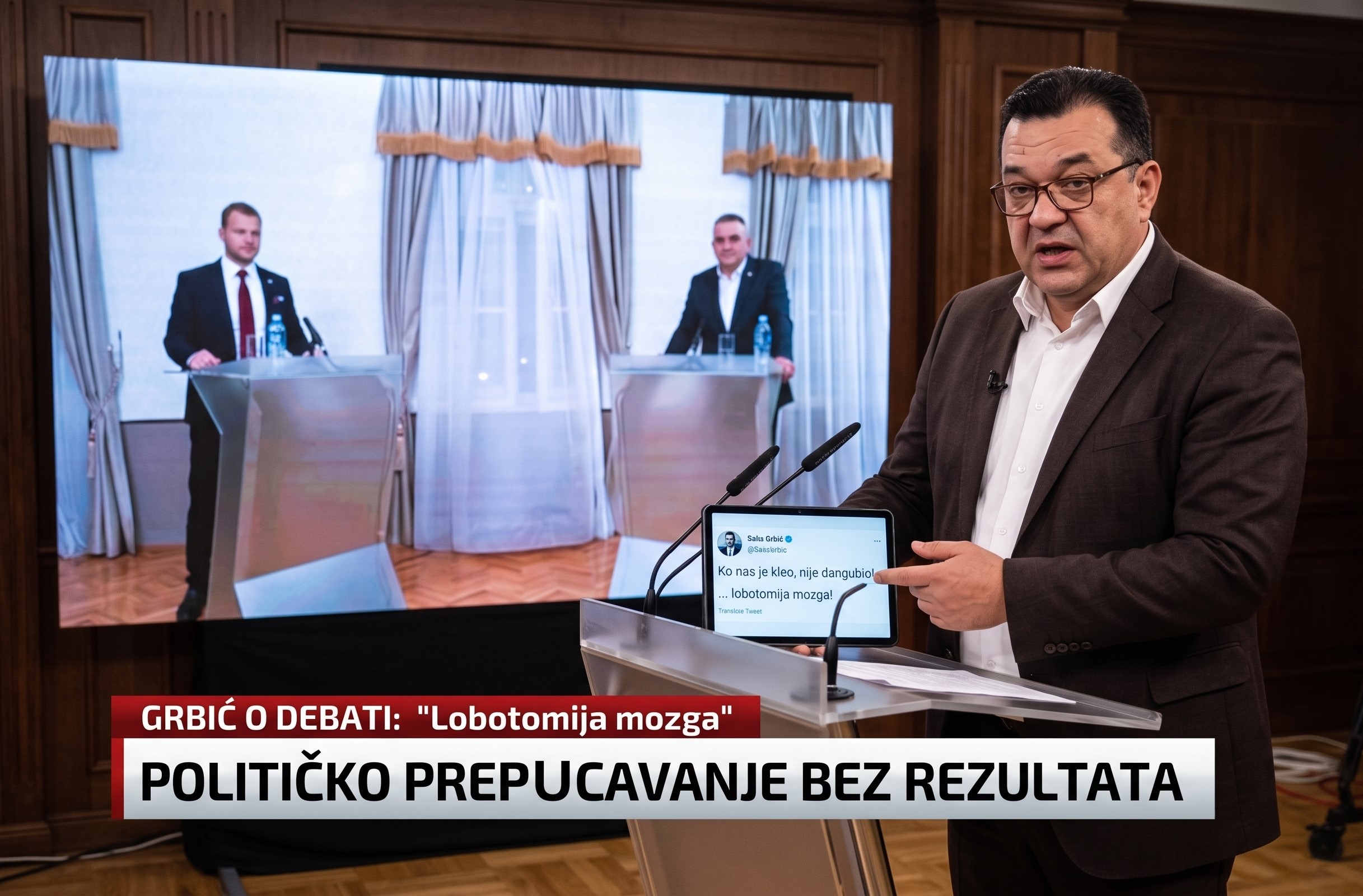 Ilustracija vijesti: Saša Grbić (SDP) drži tablet sa svojom izjavom o lobotomiji mozga, dok se u pozadini na velikom ekranu vidi TV duel Draška Stanivukovića i Save Minića. Na slici je i grafika sa natpisom o političkom prepucavanju bez rezultata.